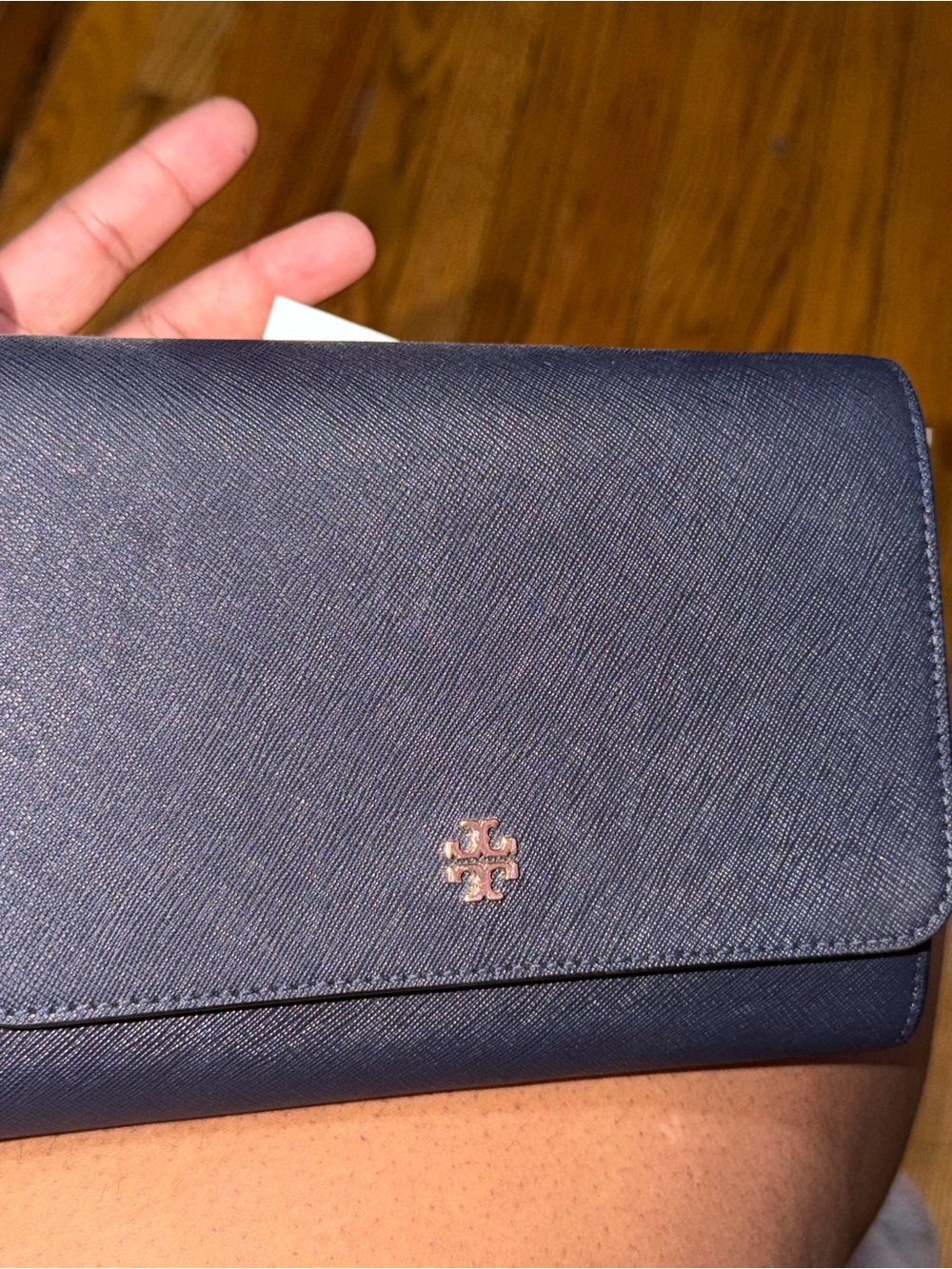 Tory Burch Navy Saffiano Clutch with Gold Logo